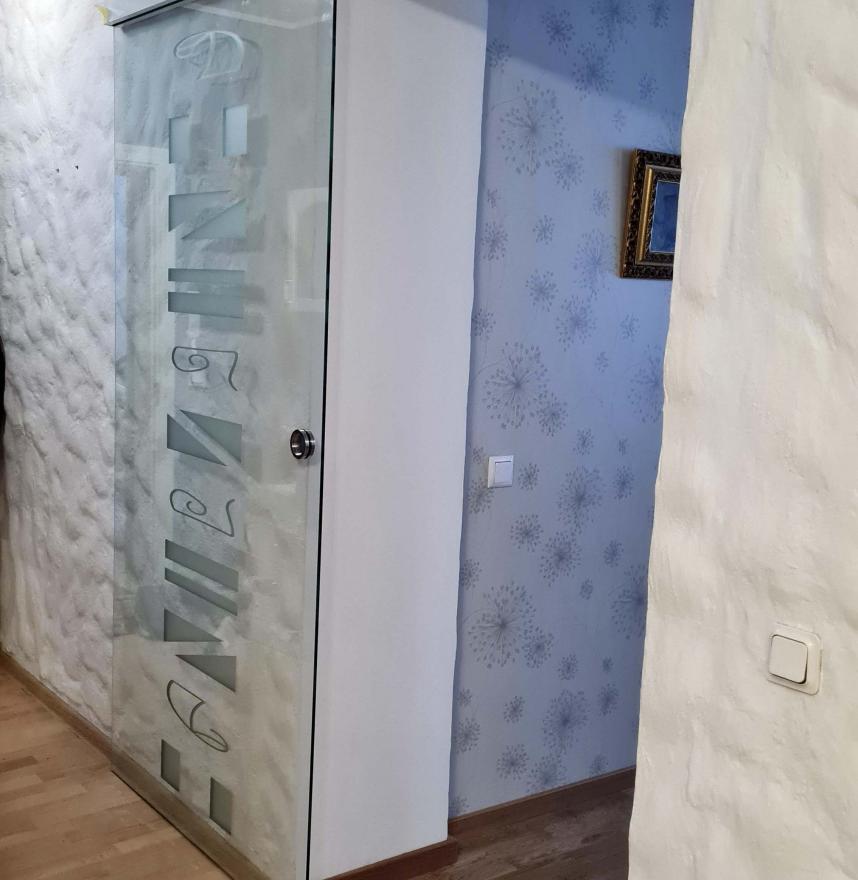 Стеклянная раздвижная дверь с матовым рисунком