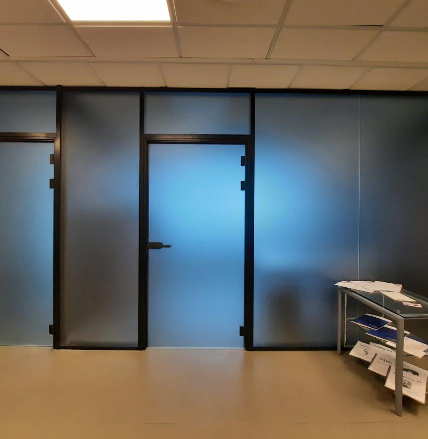 Office glass wall with black profiles